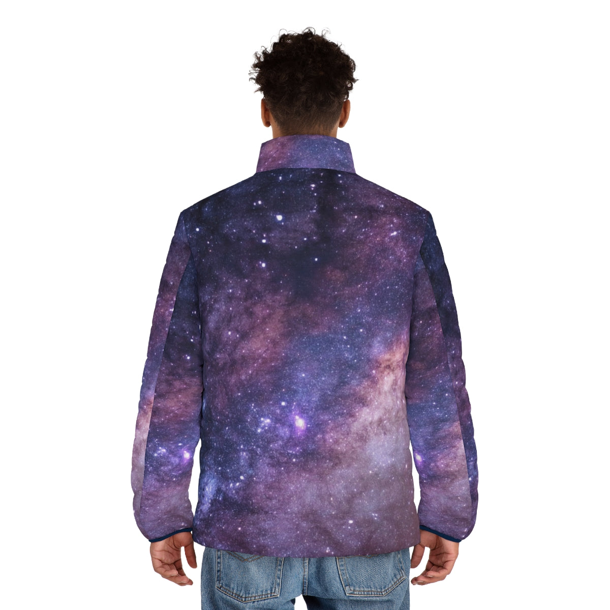 A model wearing a galaxy-printed puffer jacket, featuring a focus on the space-themed design. - men back