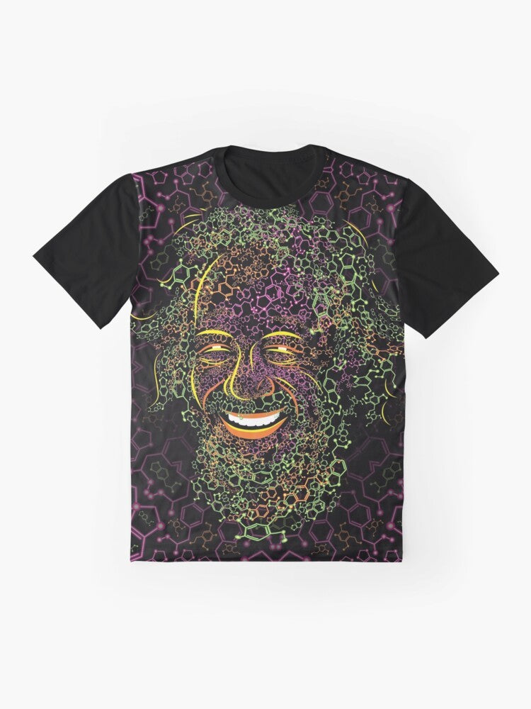 Alexander Shulgin psychedelic portrait graphic t-shirt featuring MDMA and 2C-B molecules - Flat lay