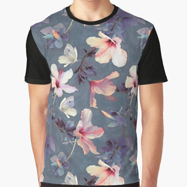 Vibrant painted pattern with hibiscus flowers and butterflies on a graphic t-shirt