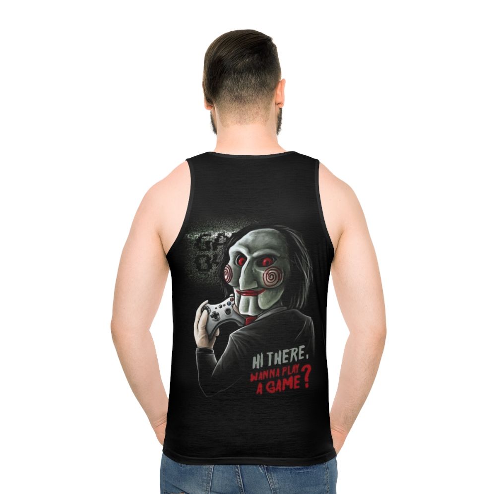 Unisex Wanna Play a Game tank top for horror movie and video game fans - men back