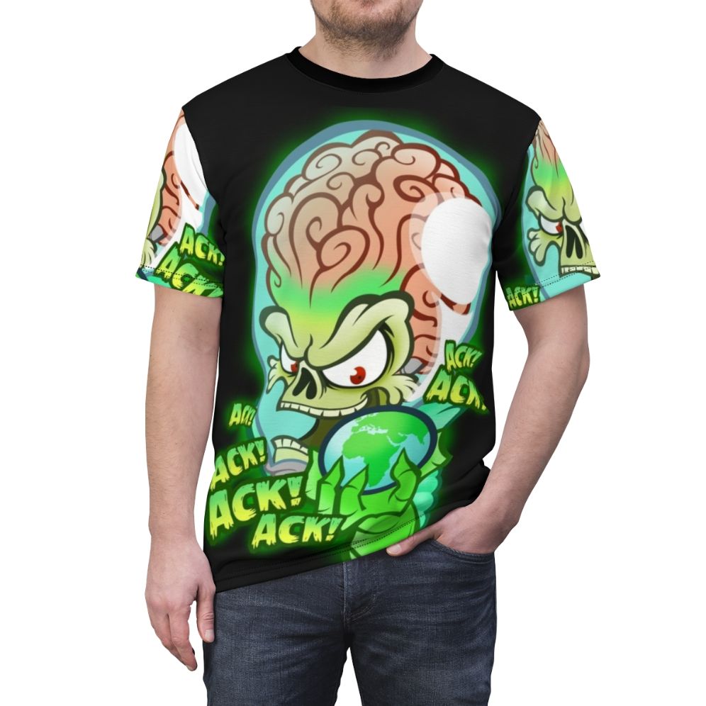 Retro-inspired t-shirt design featuring martian aliens from the classic sci-fi movie "Mars Attacks" - men front