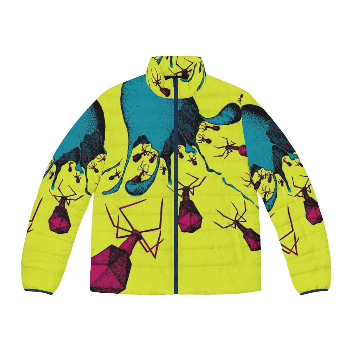 Colorful puffer jacket featuring lysis and bacteriophage artwork