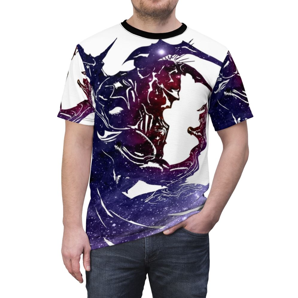 A white all-over print t-shirt with a cosmic galaxy design, inspired by the Final Fantasy IV video game series. - men front