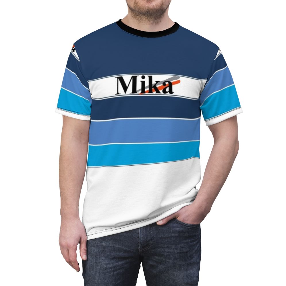 Mika Hakkinen Inspired Formula One Helmet Graphic T-Shirt - men front