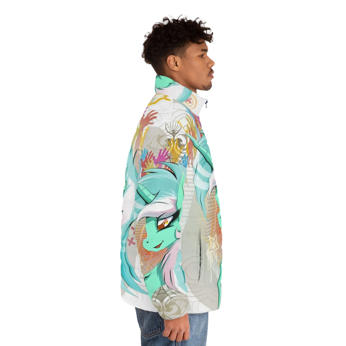 Lyra Heartstrings inspired puffer jacket with unicorn design - men side right