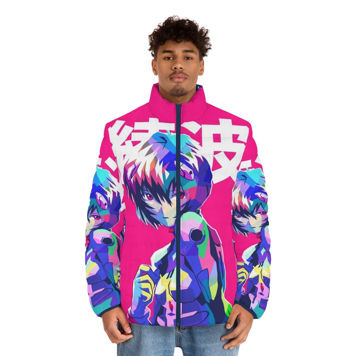 Rei Ayanami inspired puffer jacket with anime aesthetic design - men front