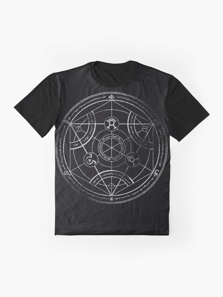 Fullmetal Alchemist-inspired human transmutation circle graphic printed on a chalk-textured t-shirt - Flat lay