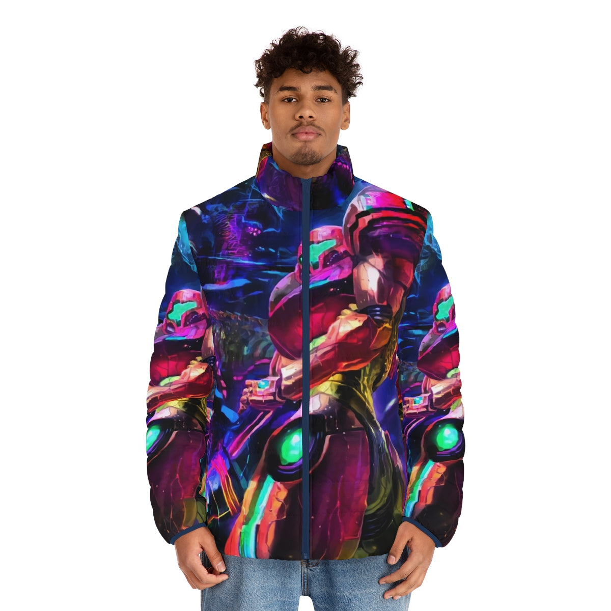 Samus Aran inspired Metroid puffer jacket featuring retro video game design - men front