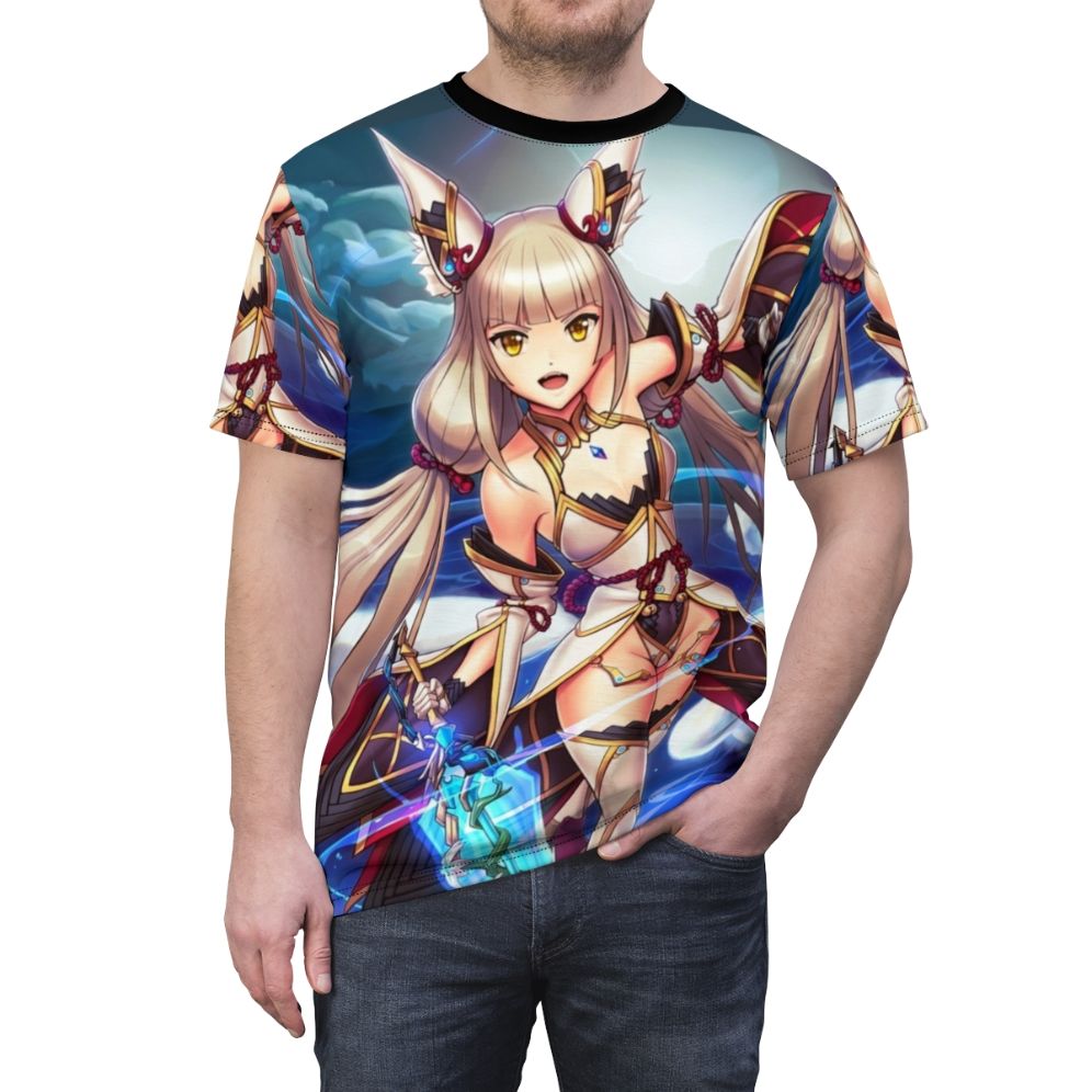 Vibrant anime-style illustration of the female character "Nia Blade" on a high-quality t-shirt - men front