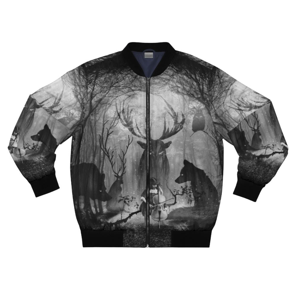 Enchanted Forest Music Bomber Jacket with Cello, Deer, Fox and Wolf Graphic Design