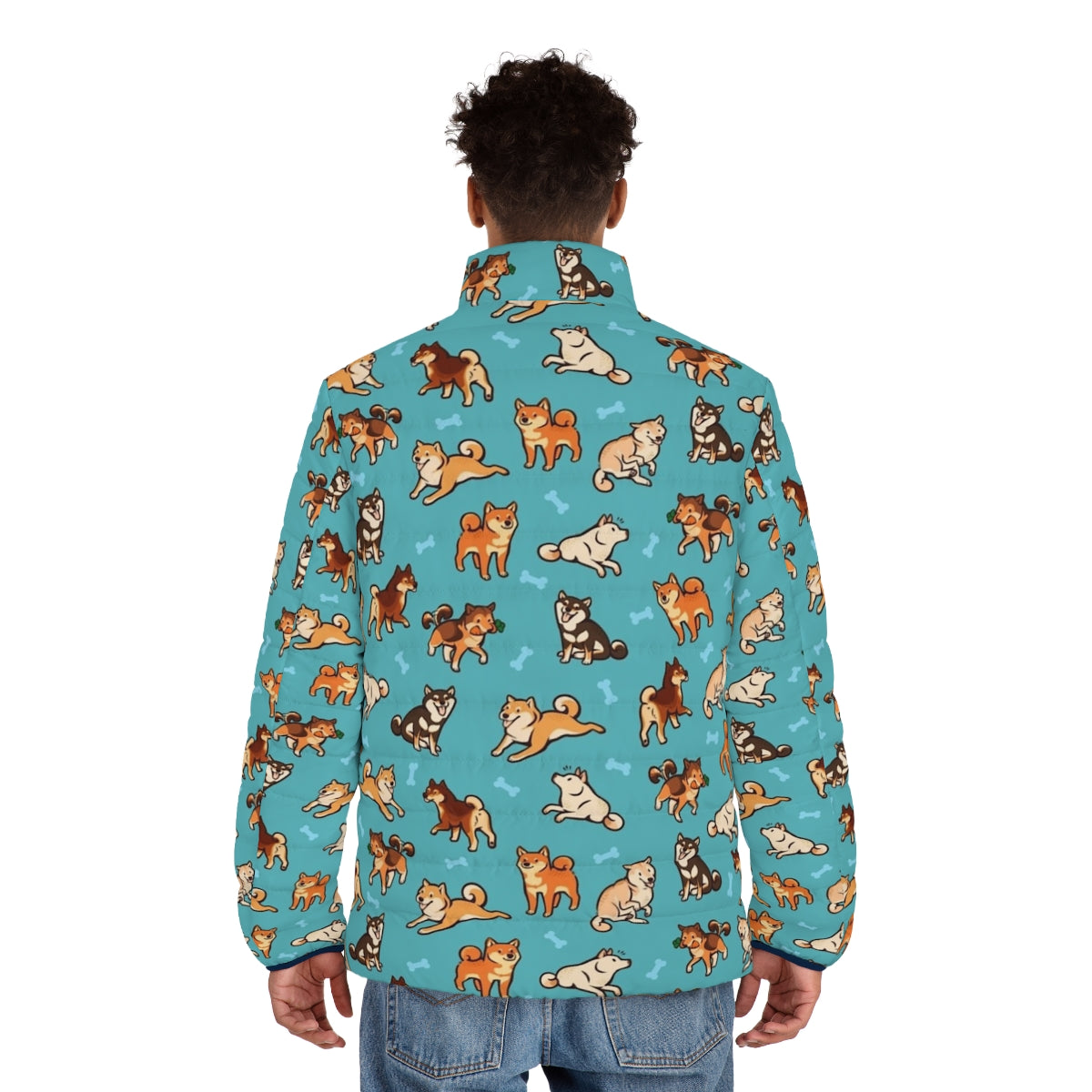 Shiba inu wearing a blue puffer jacket with a cute dog pattern - men back