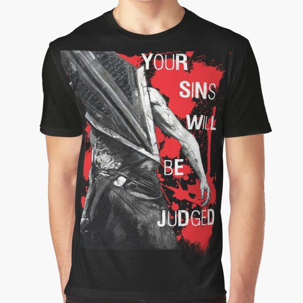 "Your Sins Will Be Judged...Again" horror-themed graphic t-shirt with scary pyramid, head, and hill imagery