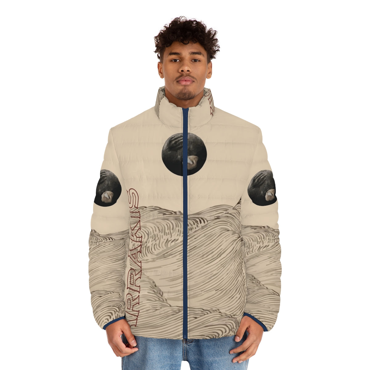 Dune inspired puffer jacket with desert landscape design - men front