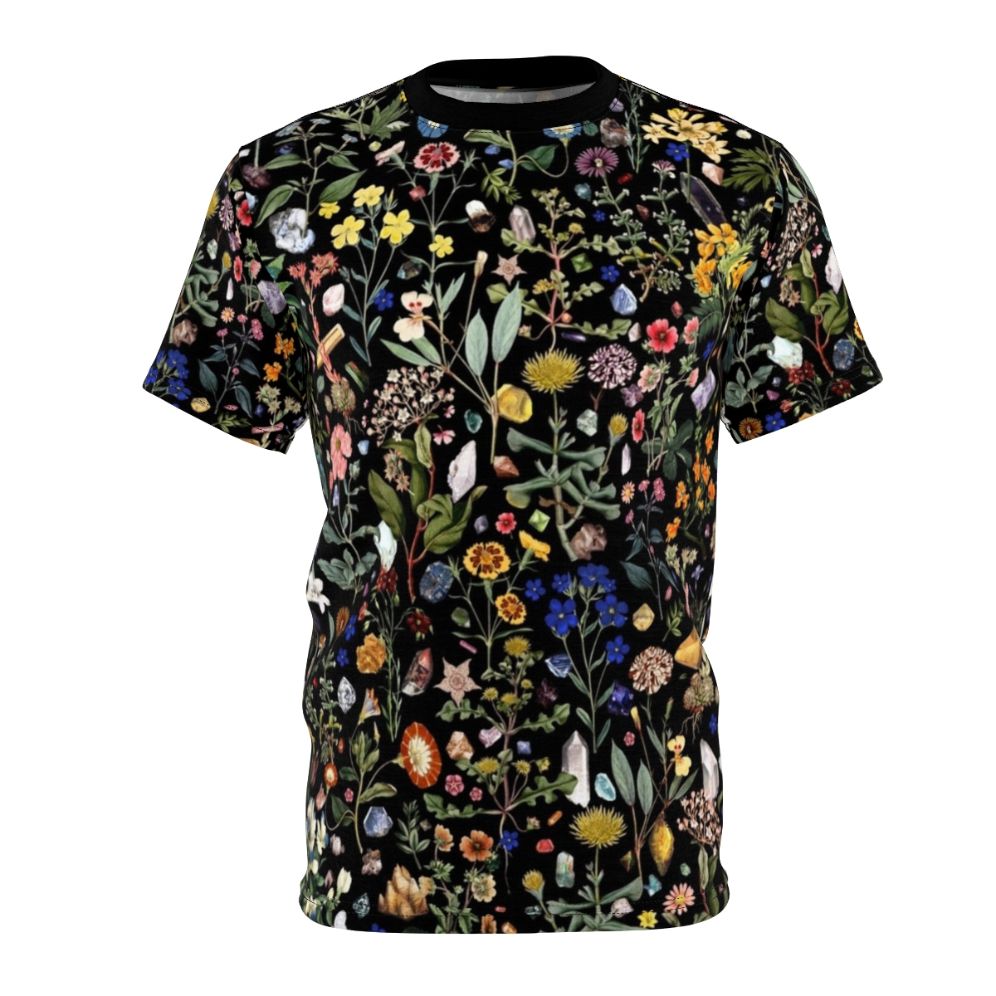 Healing digital art t-shirt featuring a colorful floral and botanical design