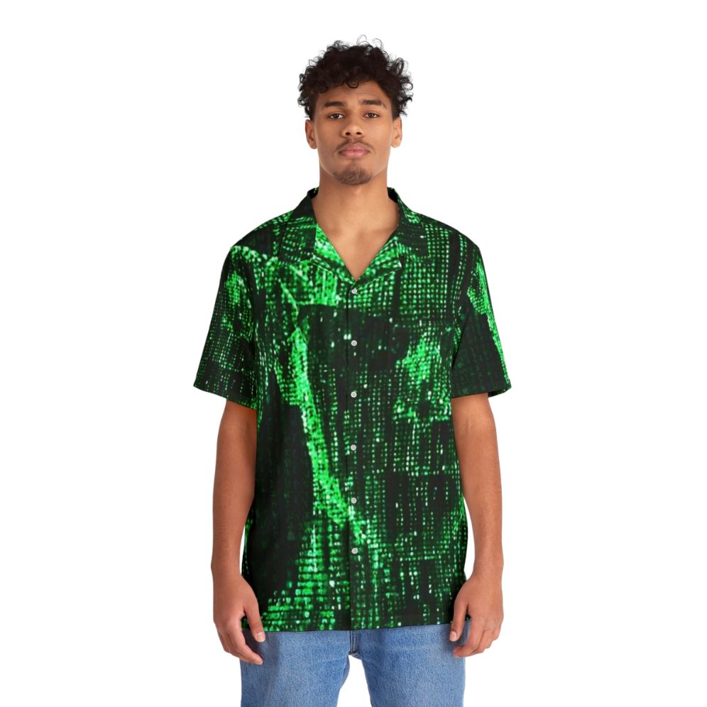 Matrix-inspired Hawaiian shirt with digital code and futuristic design - People Front