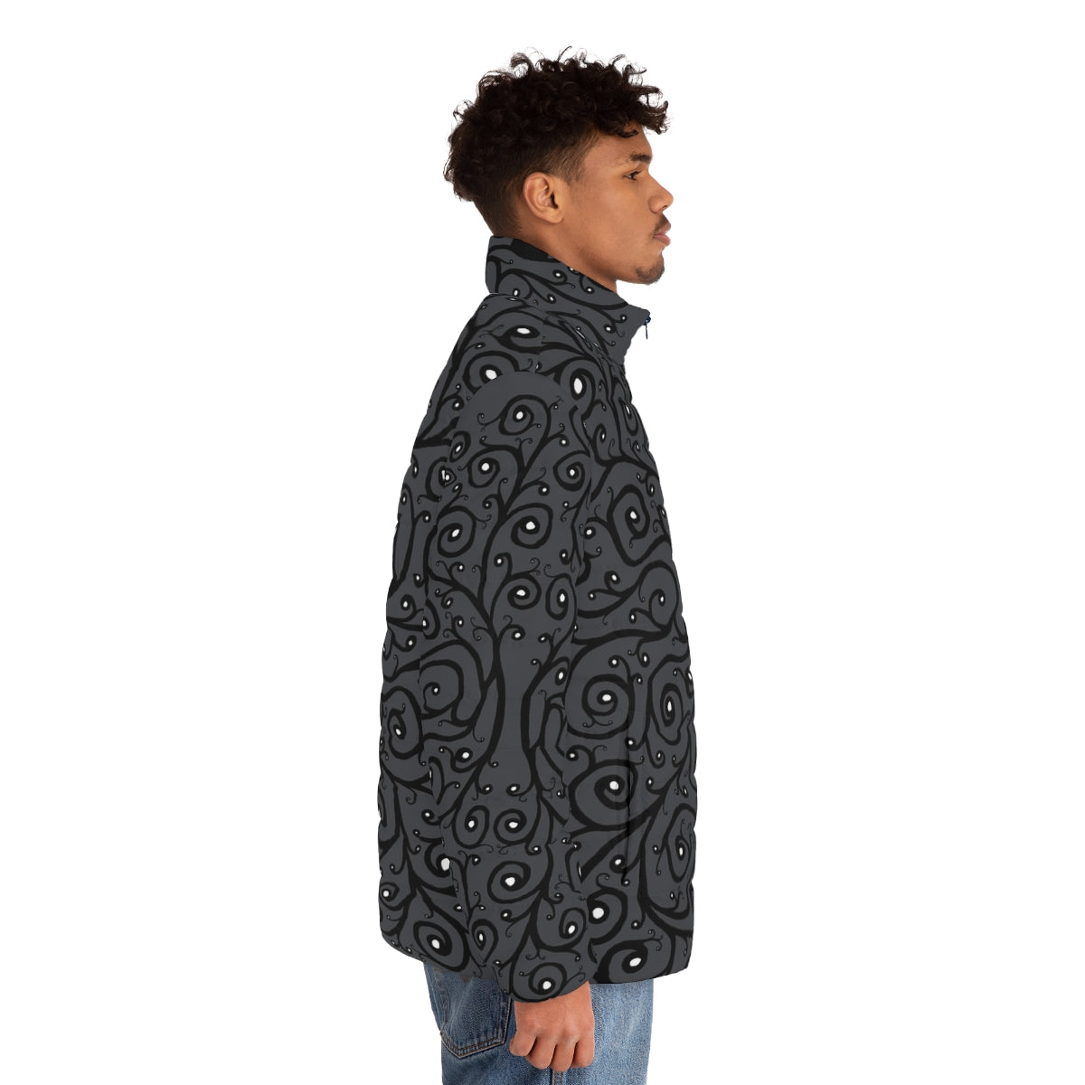 Elegant owl puffer jacket with a captivating nature-inspired pattern - men side right