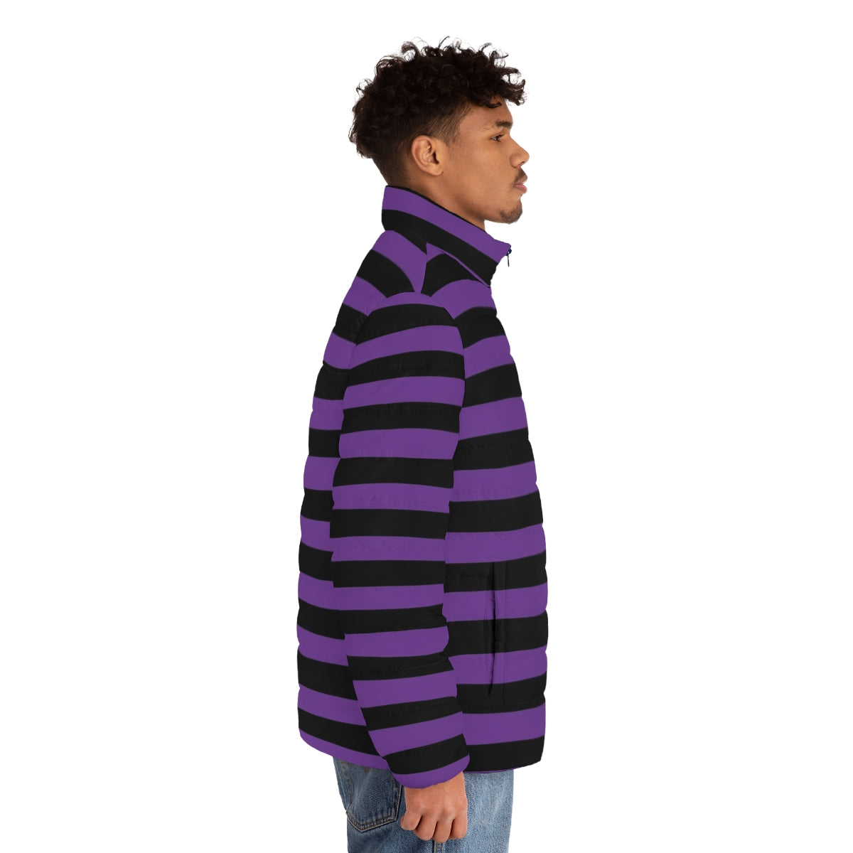 Striped purple and black puffer jacket with thick horizontal stripes - men side right