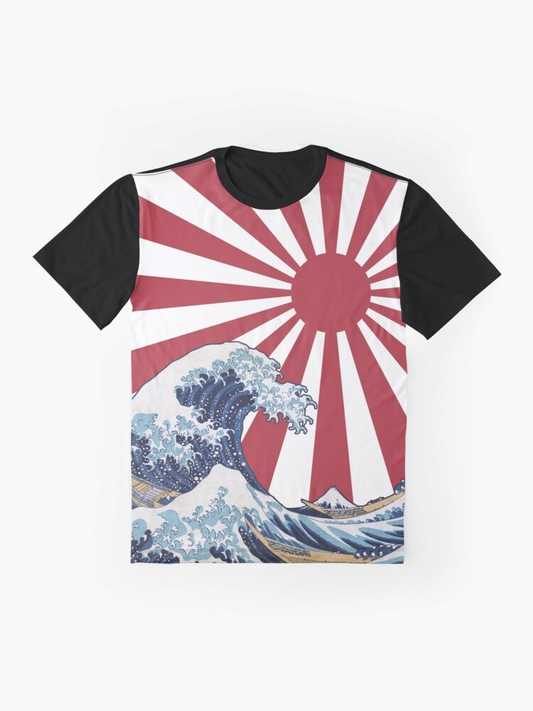 T-shirt design featuring the Great Wave off Kanagawa and the rising sun, representing Japanese culture and the "Land of the Rising Sun". - Flat lay