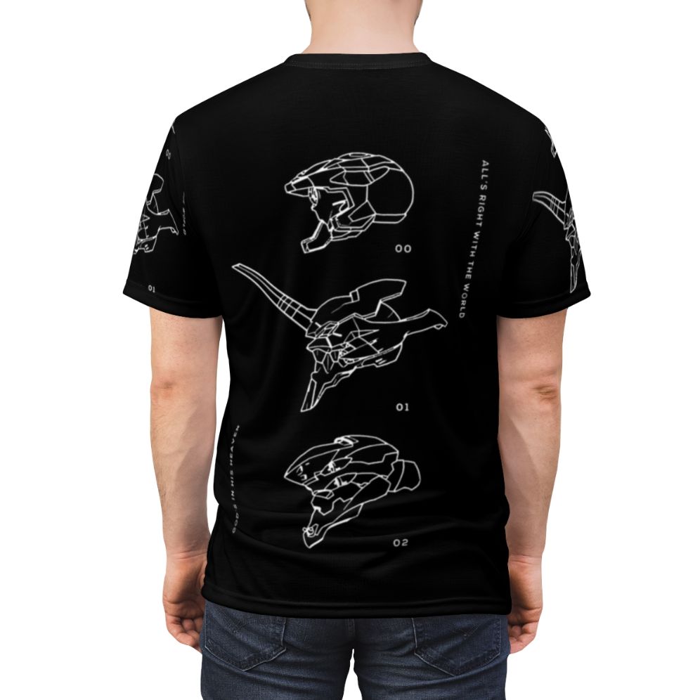 Anime t-shirt design featuring the iconic EVA units from the Neon Genesis Evangelion series - men back