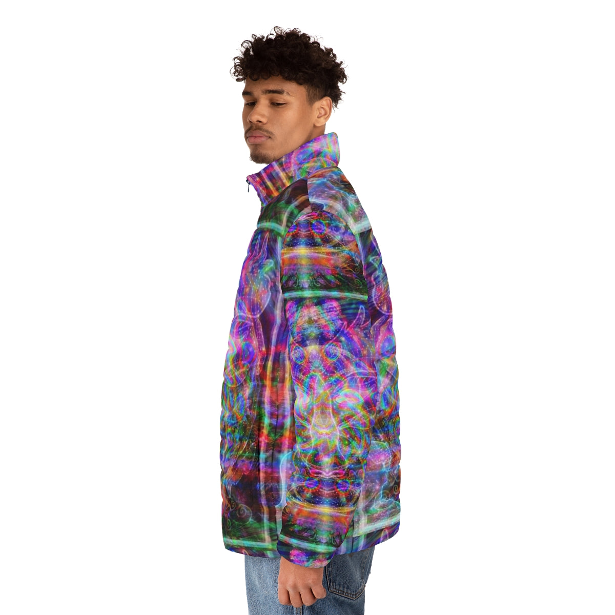 Metaphysical Realms Puffer Jacket - Visionary psychedelic clothing for the spiritual seeker - men side left