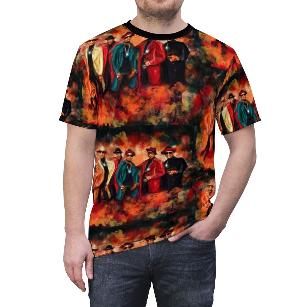 Photograph of a person wearing a culture design all-over-print t-shirt - men front