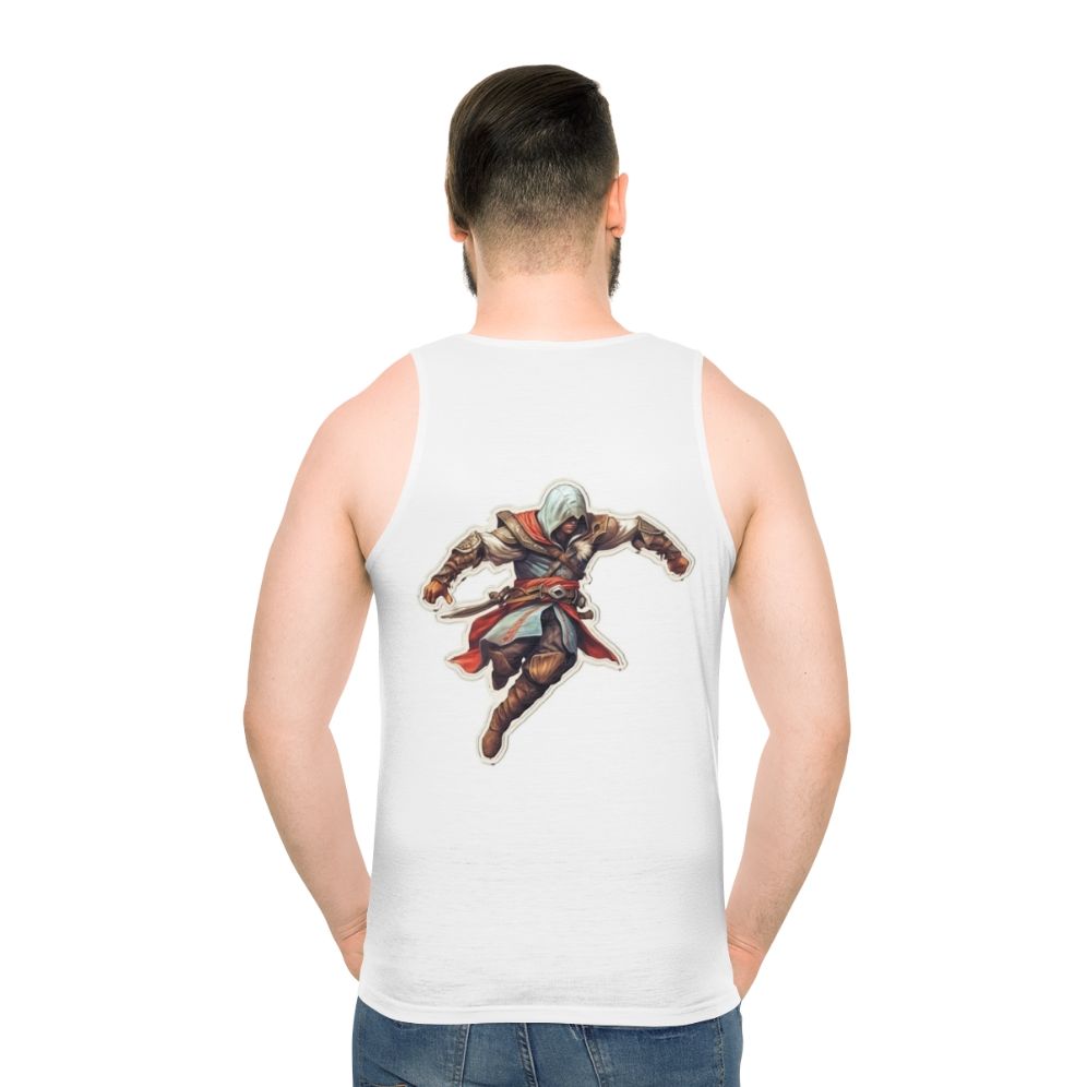 Assassin's Creed unisex tank top featuring iconic fan art design - men back