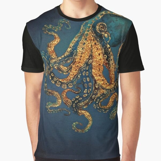 Underwater Dream Graphic T-Shirt featuring an abstract, watercolor-style octopus design in shades of blue, cobalt, navy, and aqua.