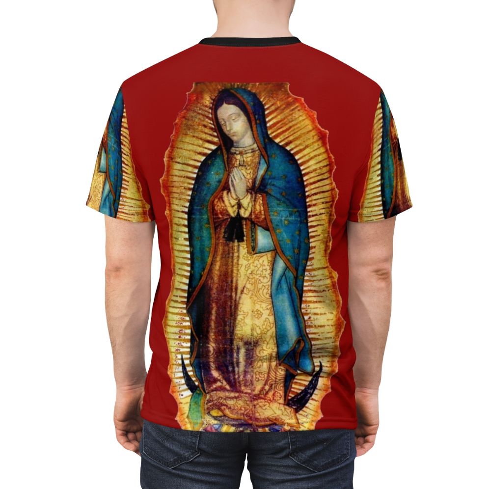 Faithful depiction of the revered Our Lady of Guadalupe icon on a quality AOP t-shirt. - men back