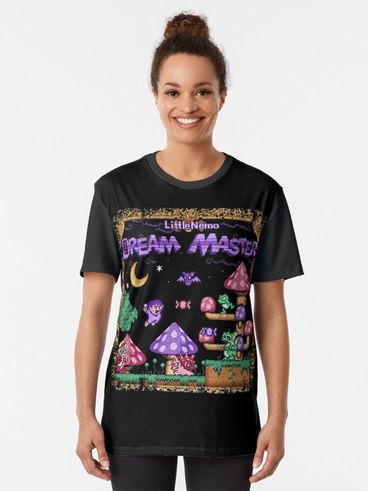 Retro 8-bit pixel art t-shirt design featuring Master Nemo, the dream master. - Women