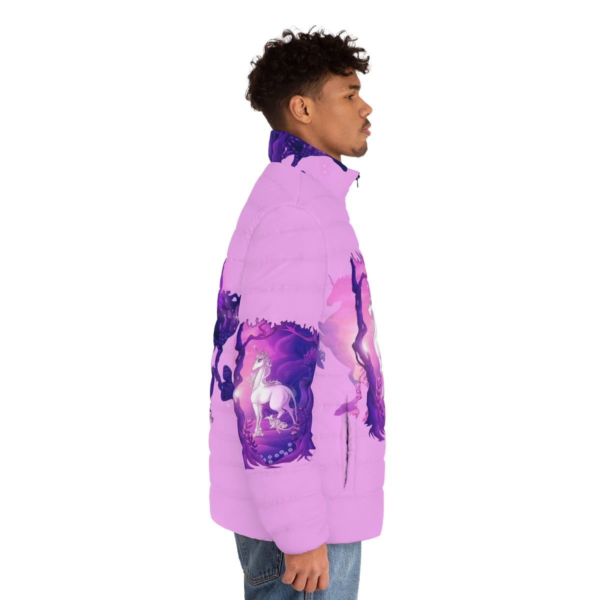 The Last Unicorn Puffer Jacket featuring the magical unicorn Amalthea - men side right