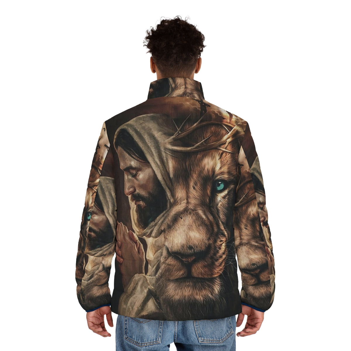 Jesus Pray and The Lion of Judah Puffer Jacket - men back