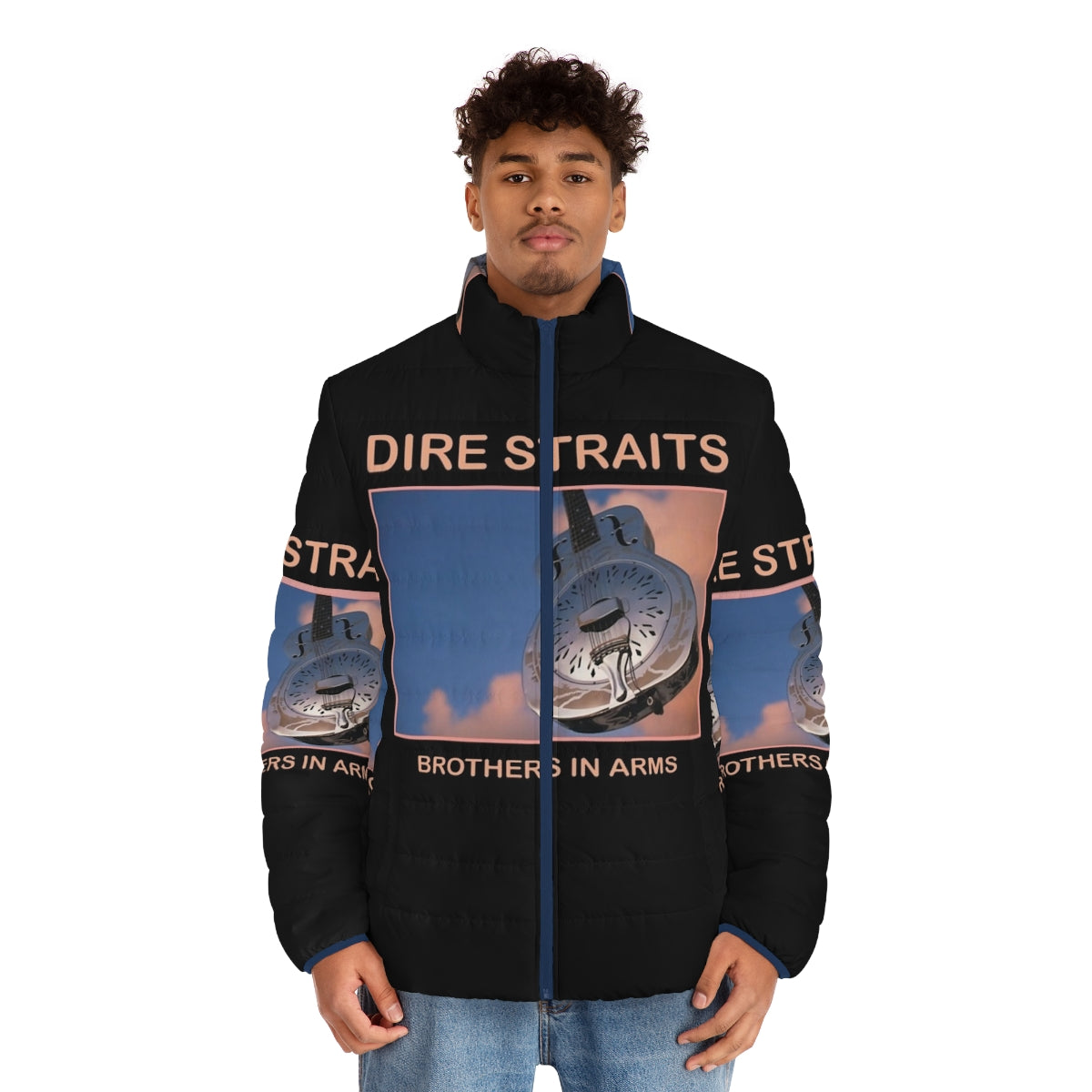 Dire Straits Puffer Jacket featuring the iconic band's logo and album artwork - men front