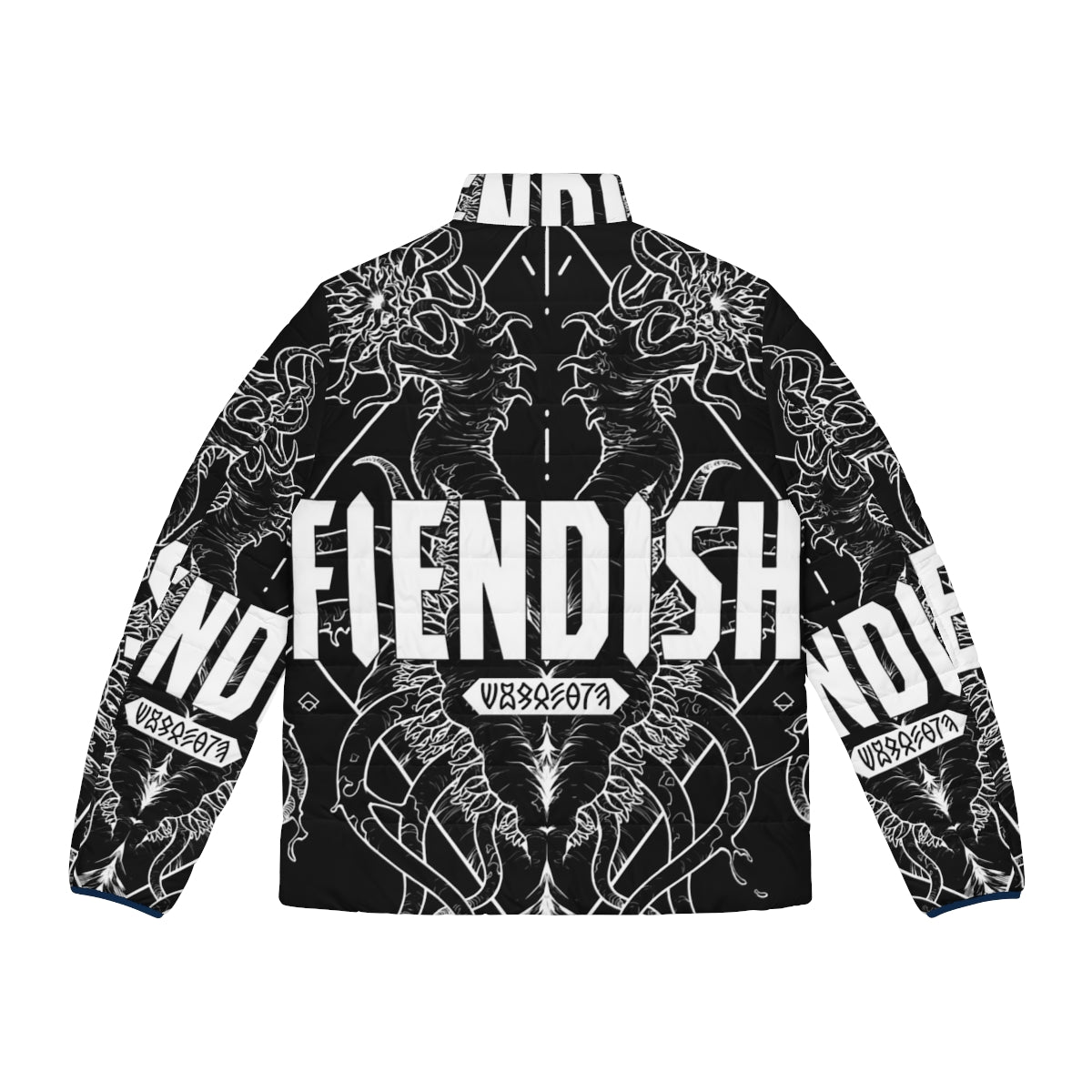 Fiendish Urgastij White Puffer Jacket featuring horror-inspired monster and geometric designs - Back