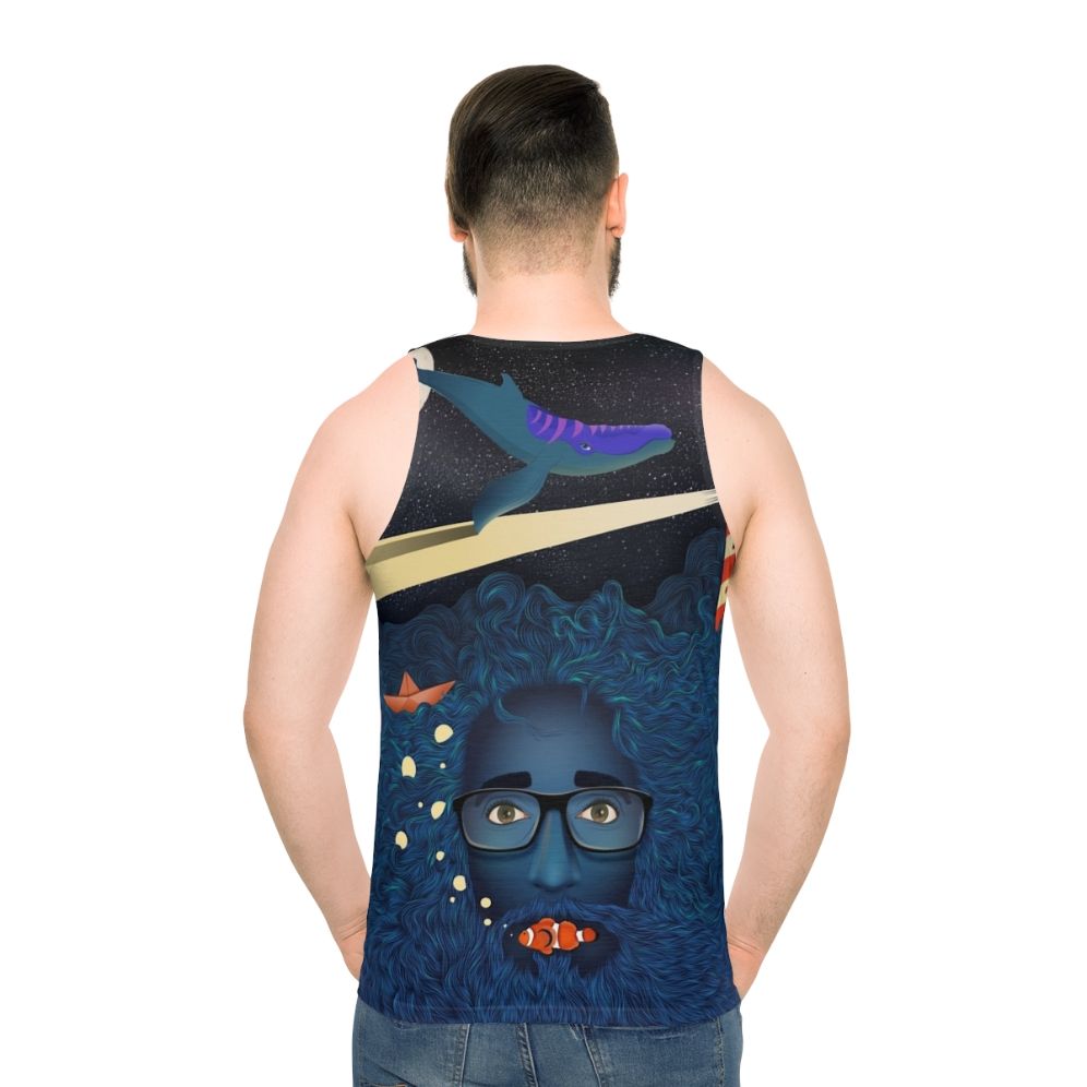 Unisex tank top with a deep thoughts and calma art ocean-themed fantasy design - men back