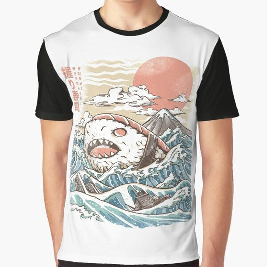 A graphic t-shirt with a sushi shark design inspired by Japanese art and culture.