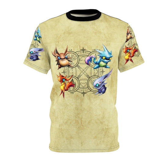 Colorful graphic tee featuring a design inspired by the Golden Sun video game series and its Djinn characters.