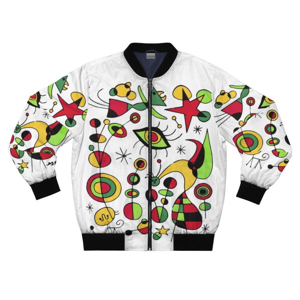 Joan Miro inspired colorful fish bomber jacket