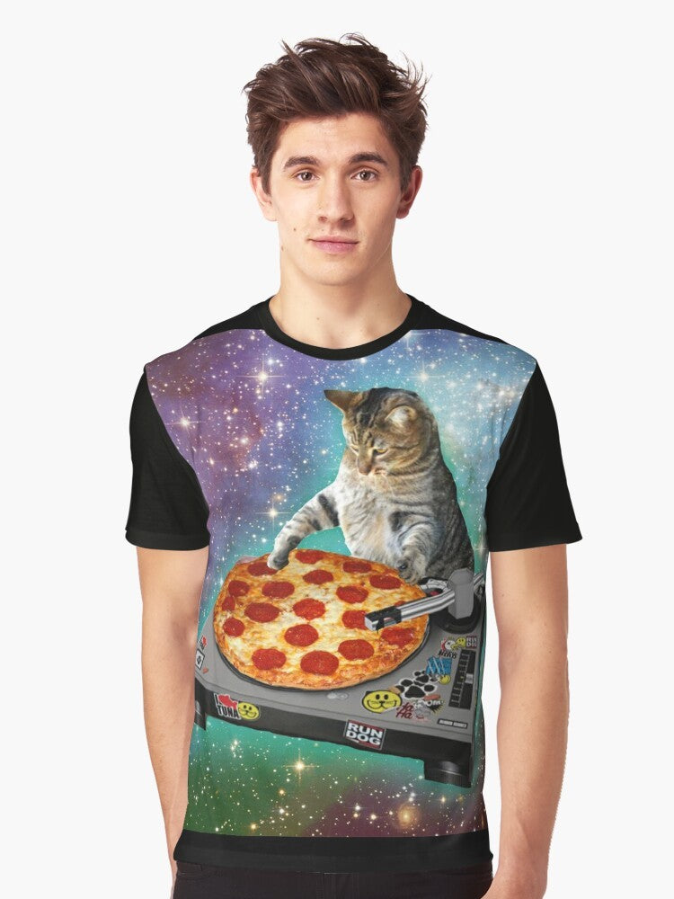 DJ Cat Pizza Graphic T-Shirt with a cool, funny, and meme-worthy design - Men