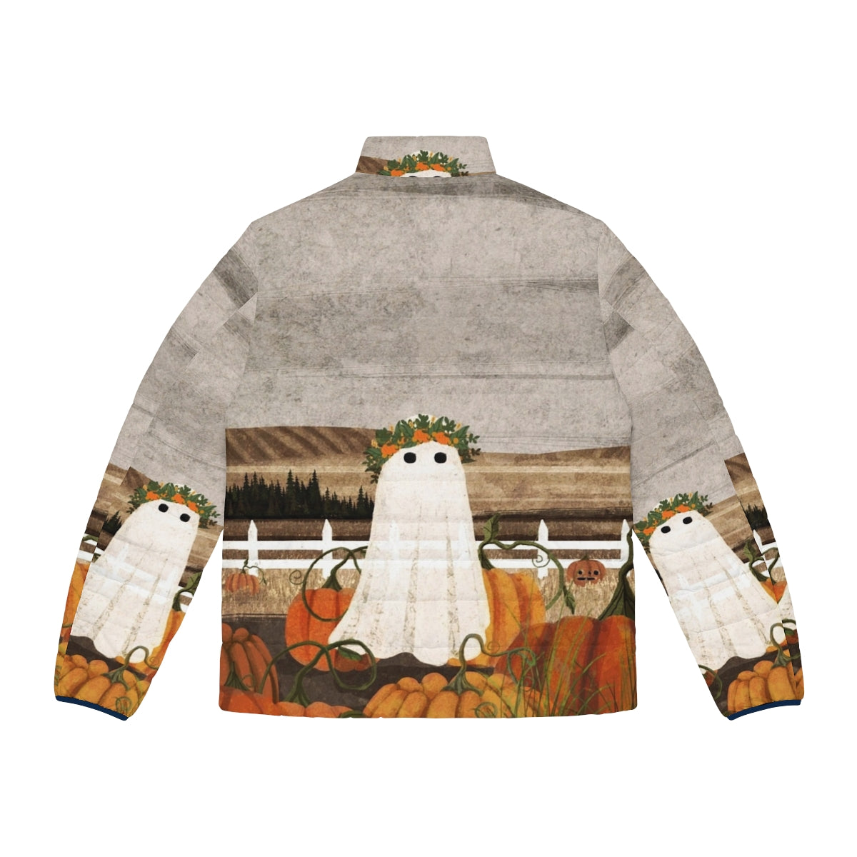 Puffer jacket with a vintage-inspired ghost and pumpkins in a haunted landscape - Back