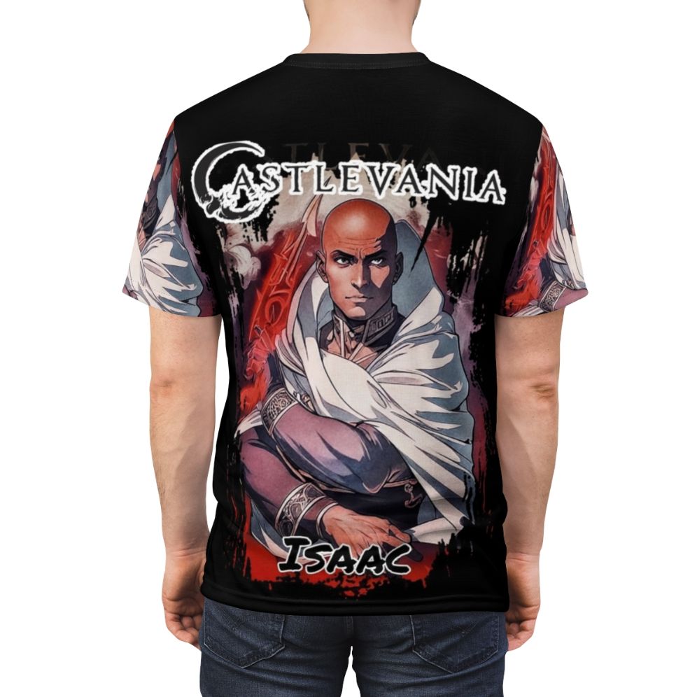 Retro Castlevania Video Game Art T-shirt featuring the Forge Master Isaac - men back