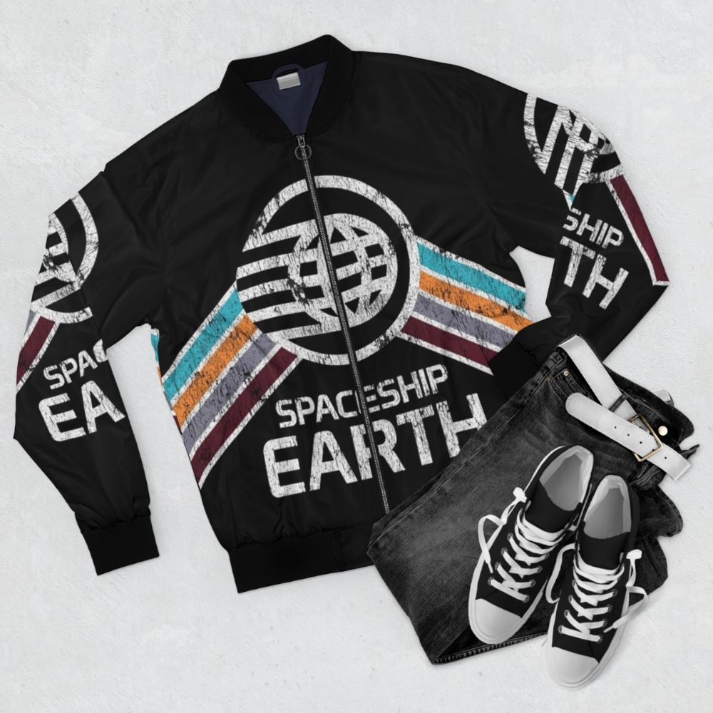 Vintage Spaceship Earth Logo Distressed Bomber Jacket - Flat lay