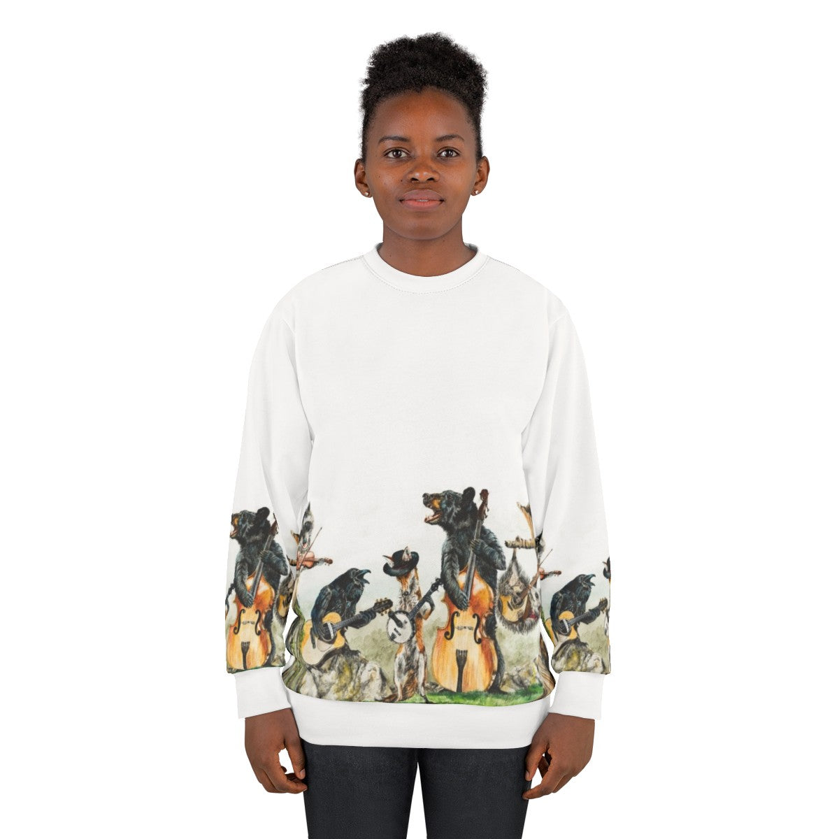 Bluegrass animal music sweatshirt featuring watercolor wildlife art - women