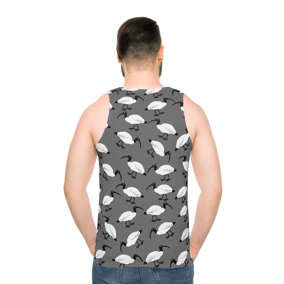 Unisex tank top with a digital print design featuring lots of bin chickens (ibis) scavenging in trash bins - men back