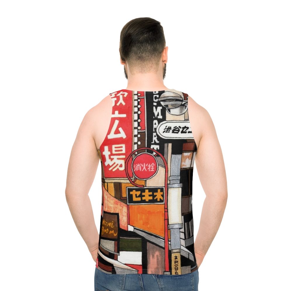 Unisex tank top featuring colorful Tokyo street signs - men back