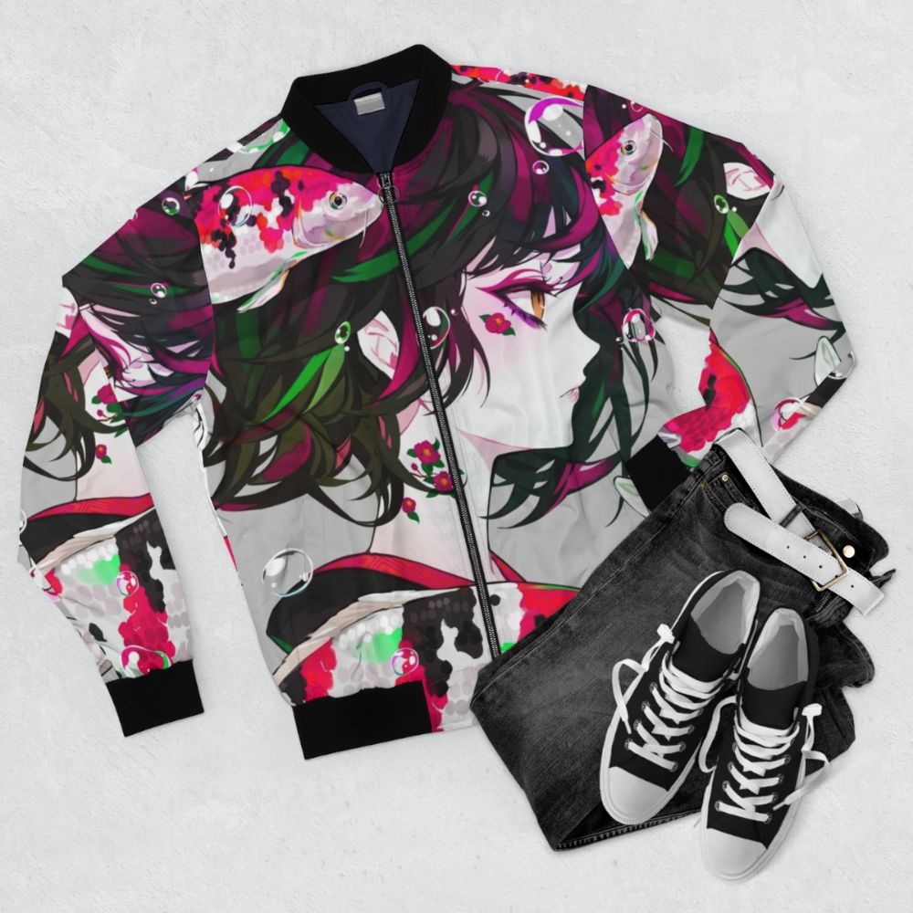 Vibrant anime-inspired koi fish bomber jacket in neon colors - Flat lay