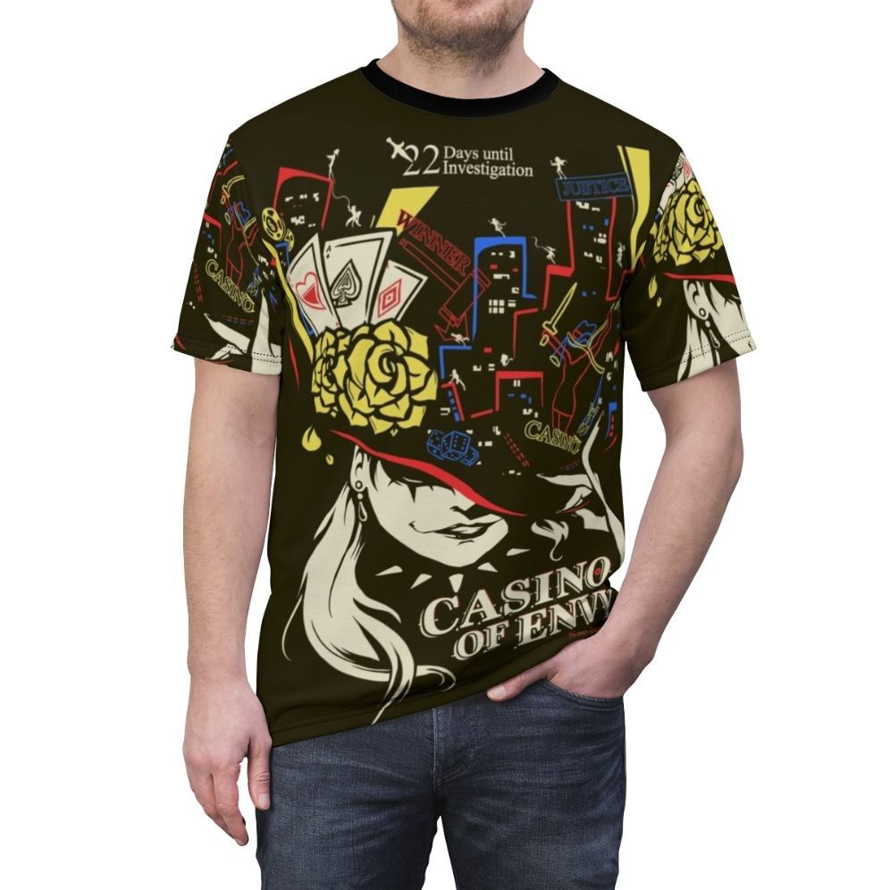 A high-quality T-shirt design featuring the "Casino of Envy" motif from the Persona video game series. - men front