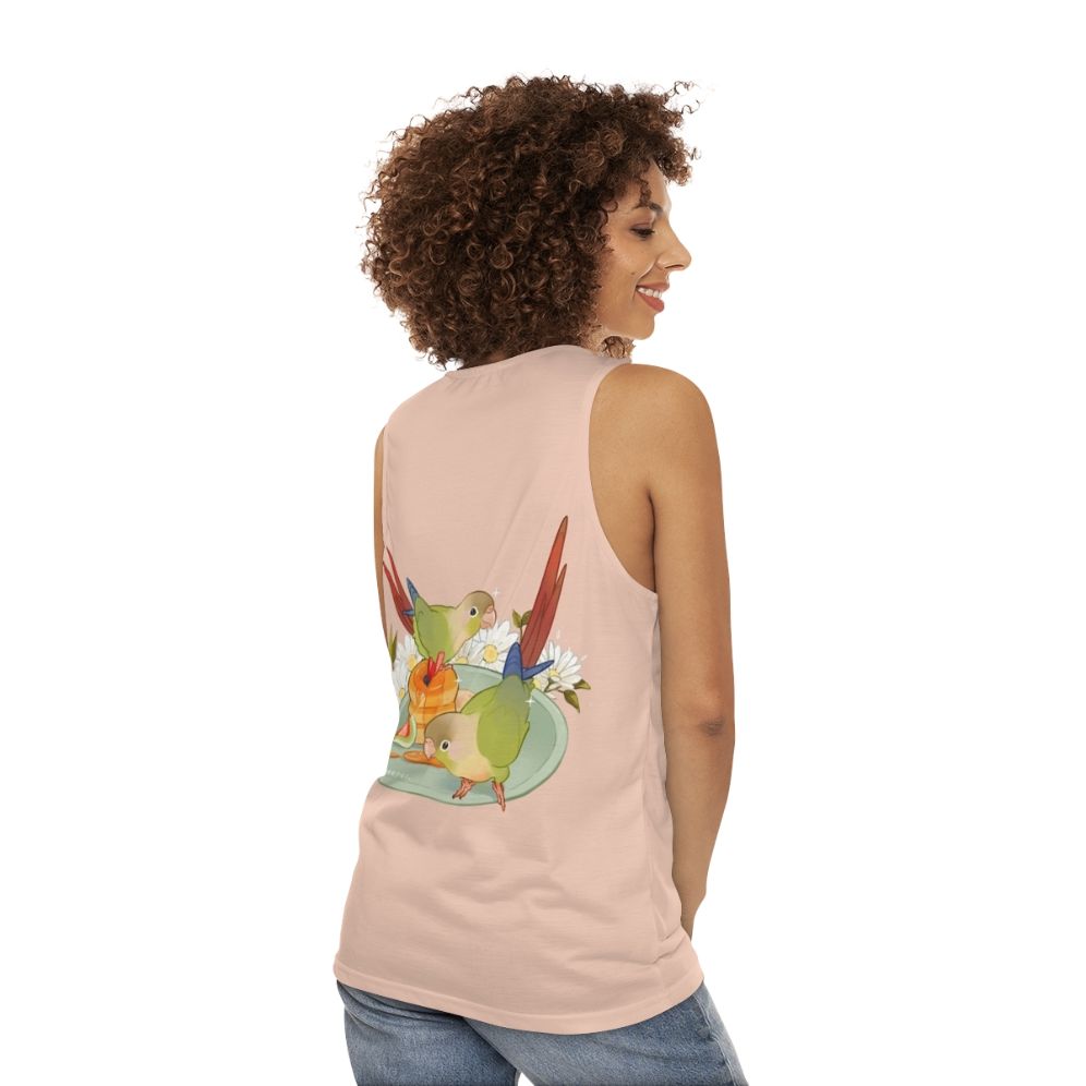 Cinnamon Conure Unisex Tank Top with Fluffy Pancakes Design - women back