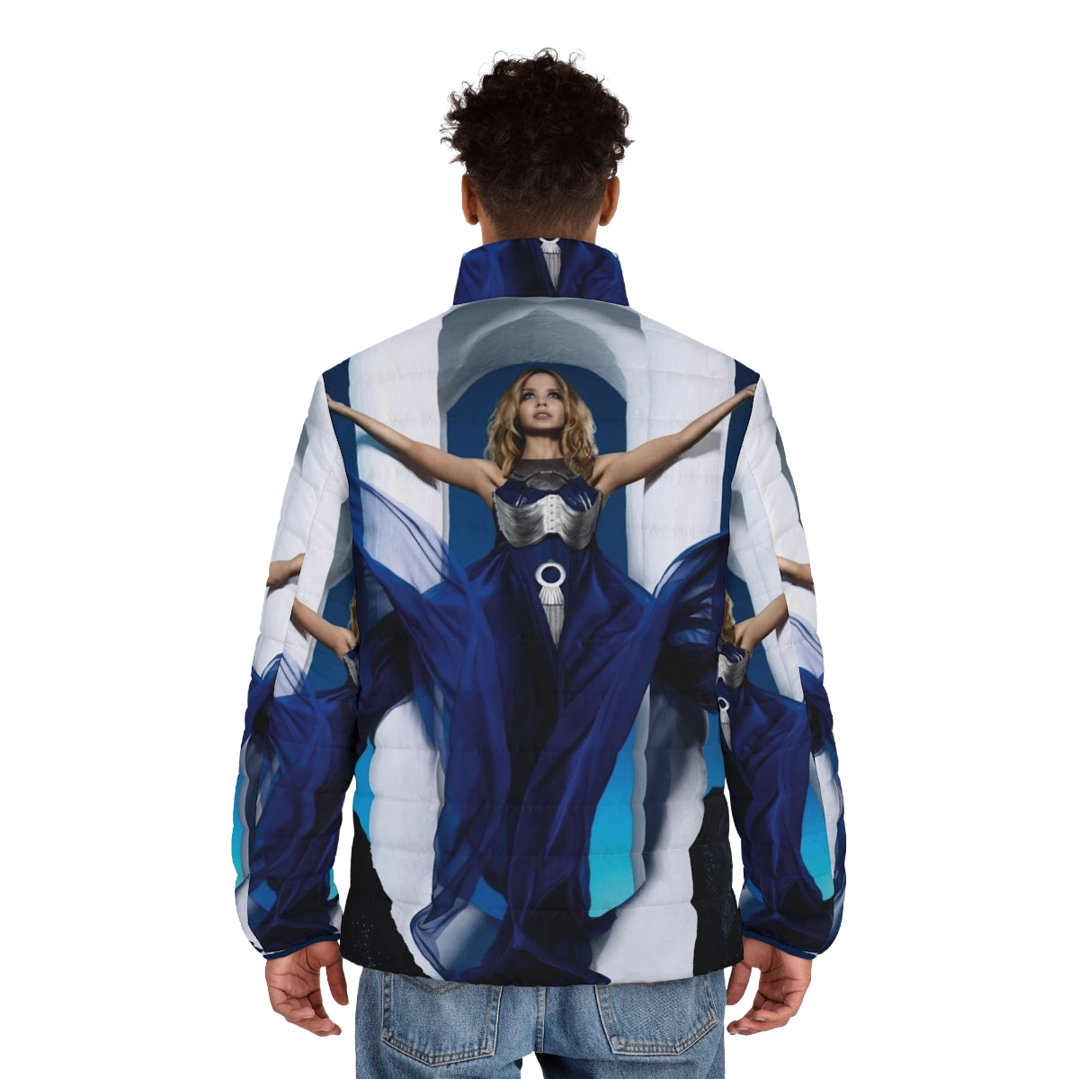 Aphrodite Puffer Jacket featuring a blue and white color scheme, inspired by the Greek goddess of love. - men back