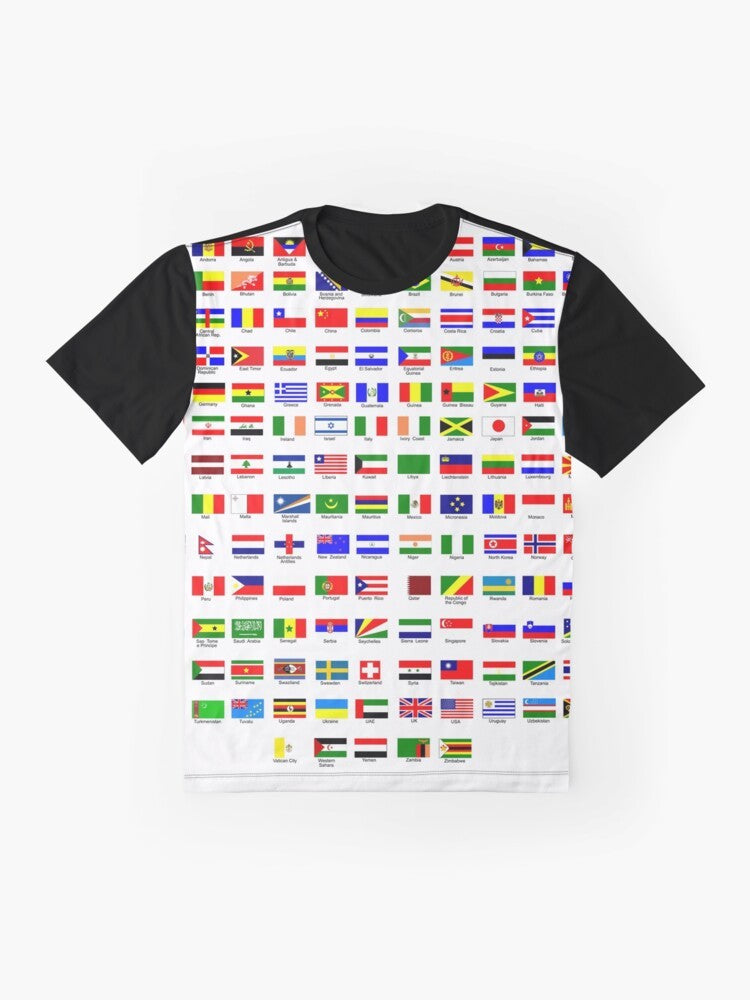 A graphic t-shirt featuring the flags of countries from around the world, showcasing international flags and national symbols. - Flat lay