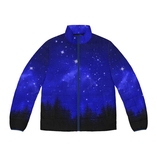 Blue puffer jacket with a minimalist gecko design